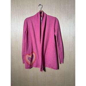 Kerri Rosenthal XOKIR Open Front Cardigan XS Pink Heart Embroidery Knit Sweater